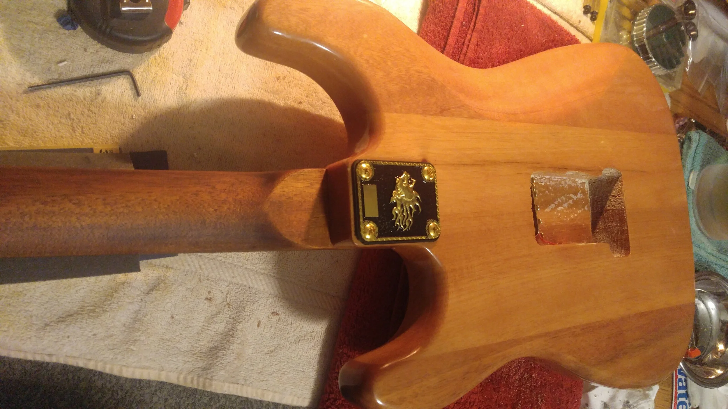 Closeup of custom brass neckplate.