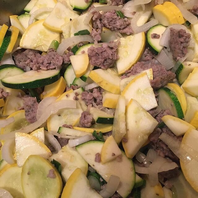 Summer dinner! Sausage, zucs, yellow squash and onions!