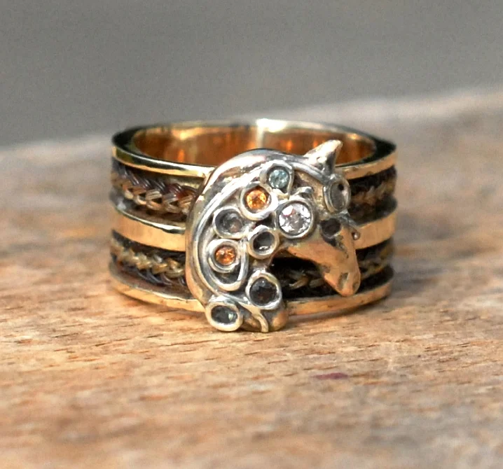 Wide Band & Gemstone Horse in Silver or 9ct Gold