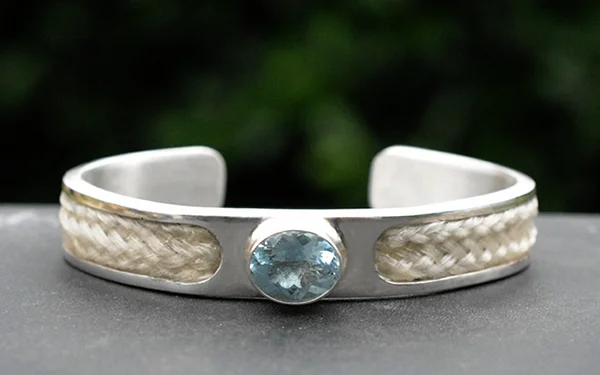 Wide Cuff Bracelet with Aquamarine in Silver or 9ct Gold