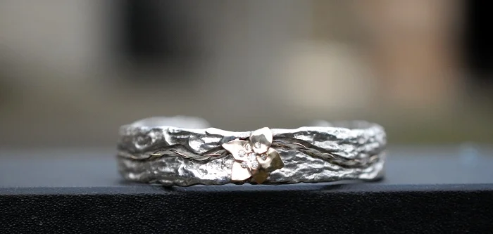 Woodland Cuff Bracelet with Flower and Diamonds in Silver or 9ct Gold