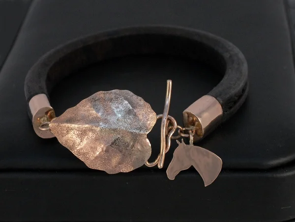 Leather Horsehair Bracelet with Leaf Clasp & Horse Charm in Silver or 9ct Gold