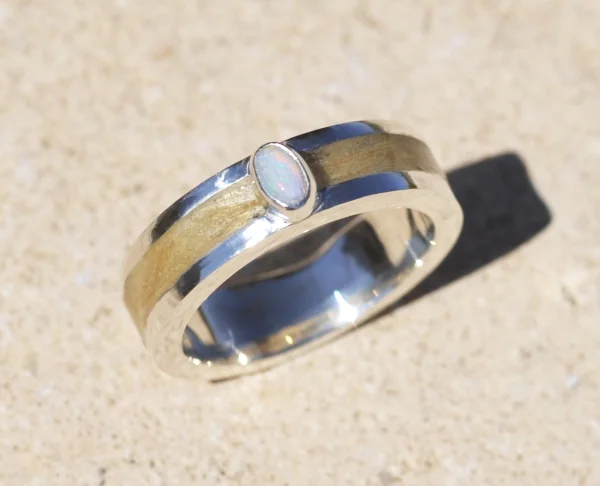 Flat Band &amp; 5mm Bezel set Opal in Silver or 9ct Gold