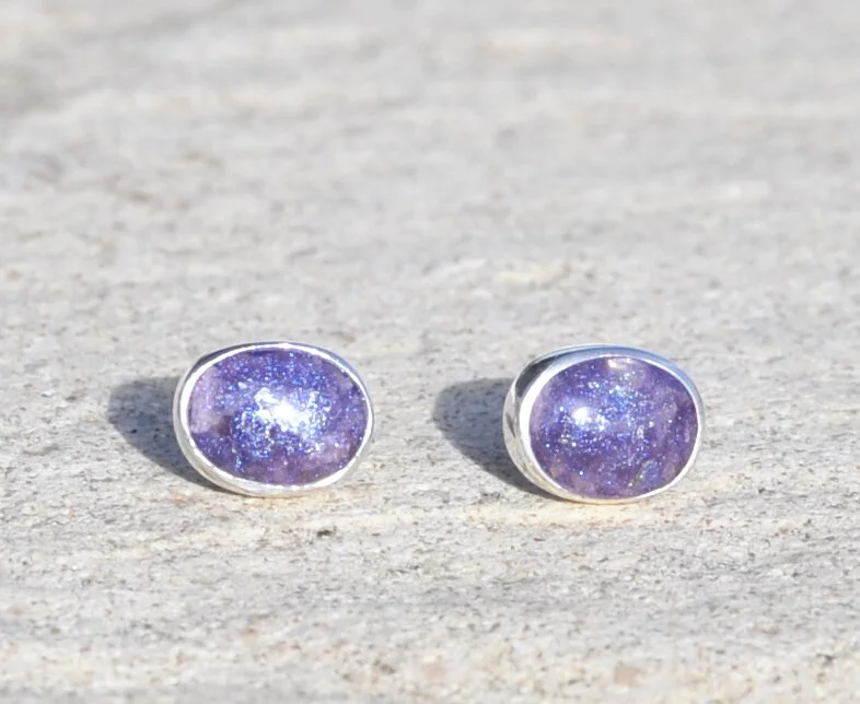 Enigma Crystal Cremation Ash Oval Stud Earrings in Silver or 9ct Gold