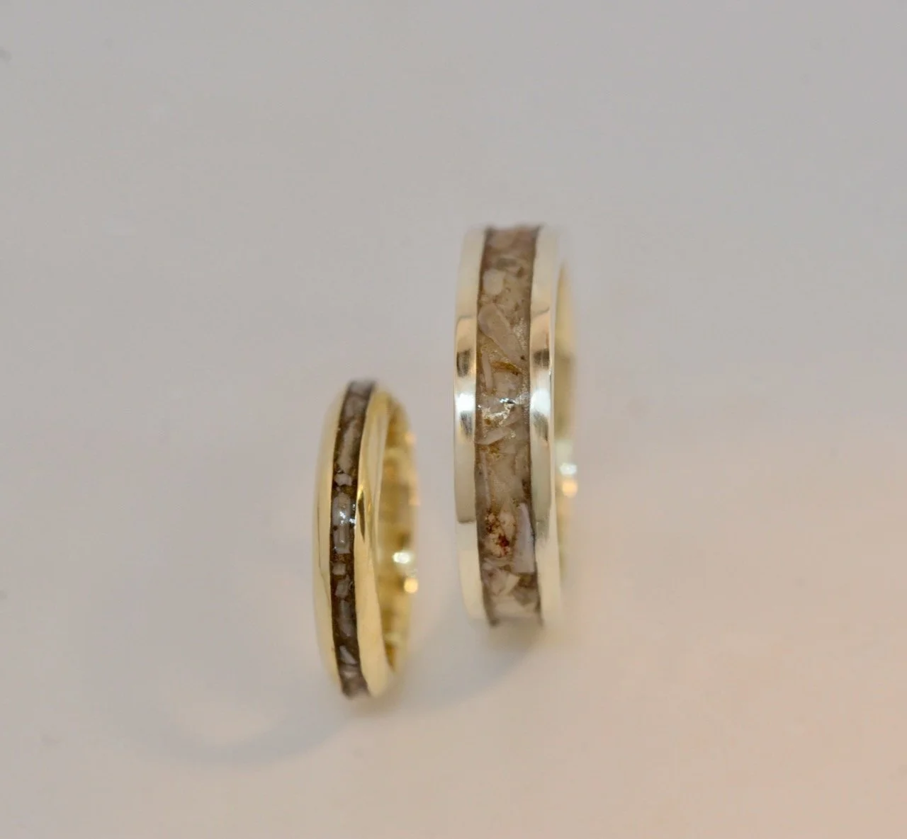 Wedding Bands in 9ct Gold with Crushed Tooth in Resin