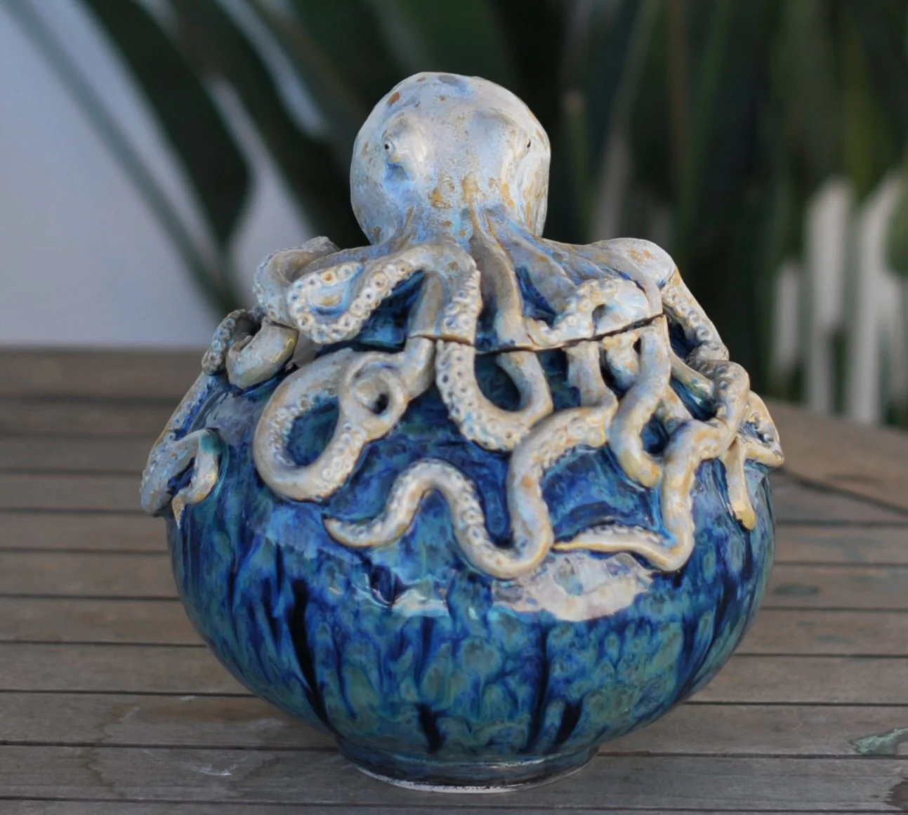 extra Large Moon Vase with lid and Hand Sculpted Octopus