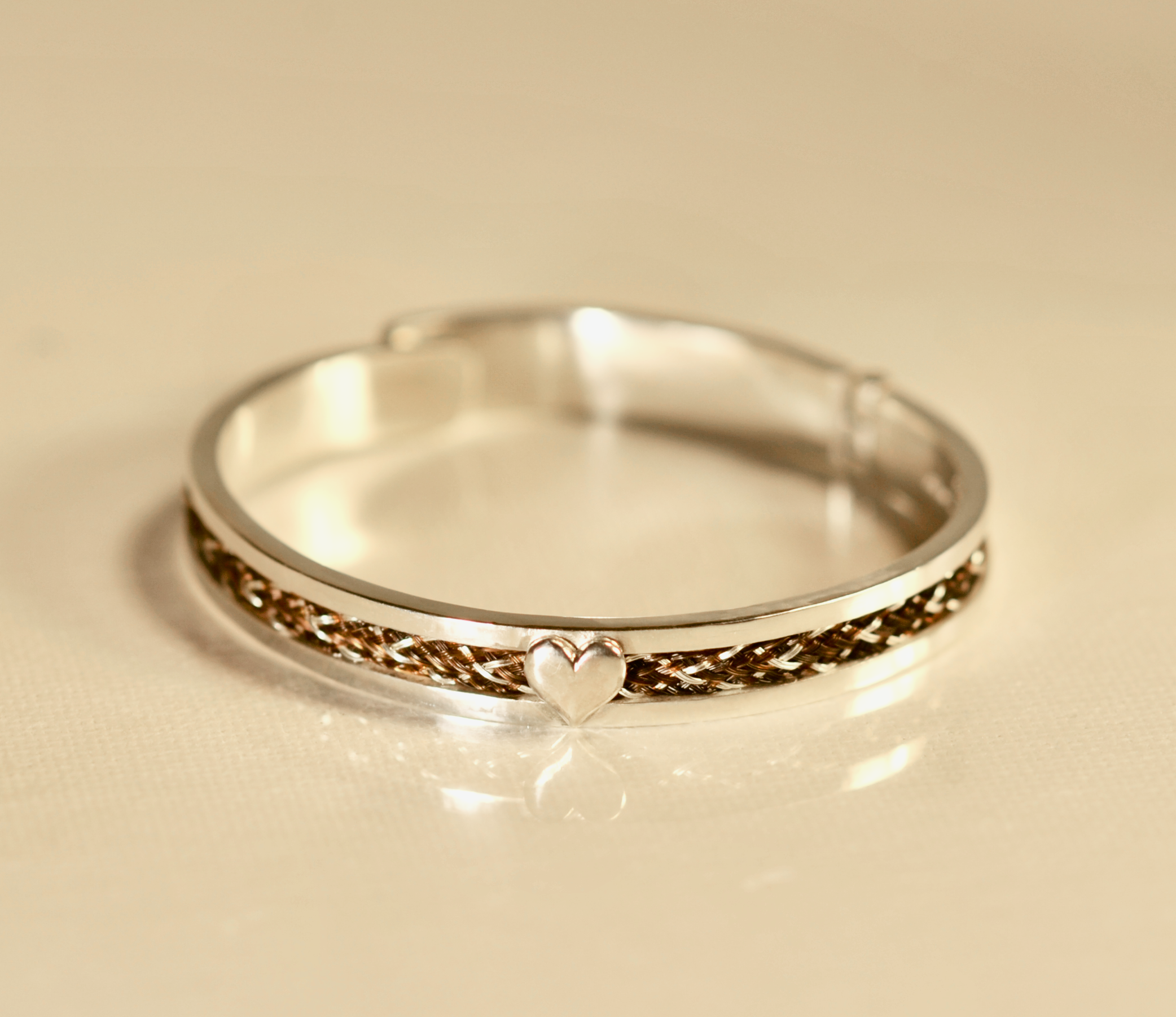 Hinged Bangle in Silver or 9ct Gold With Heart, Hinge and Slot Catch
