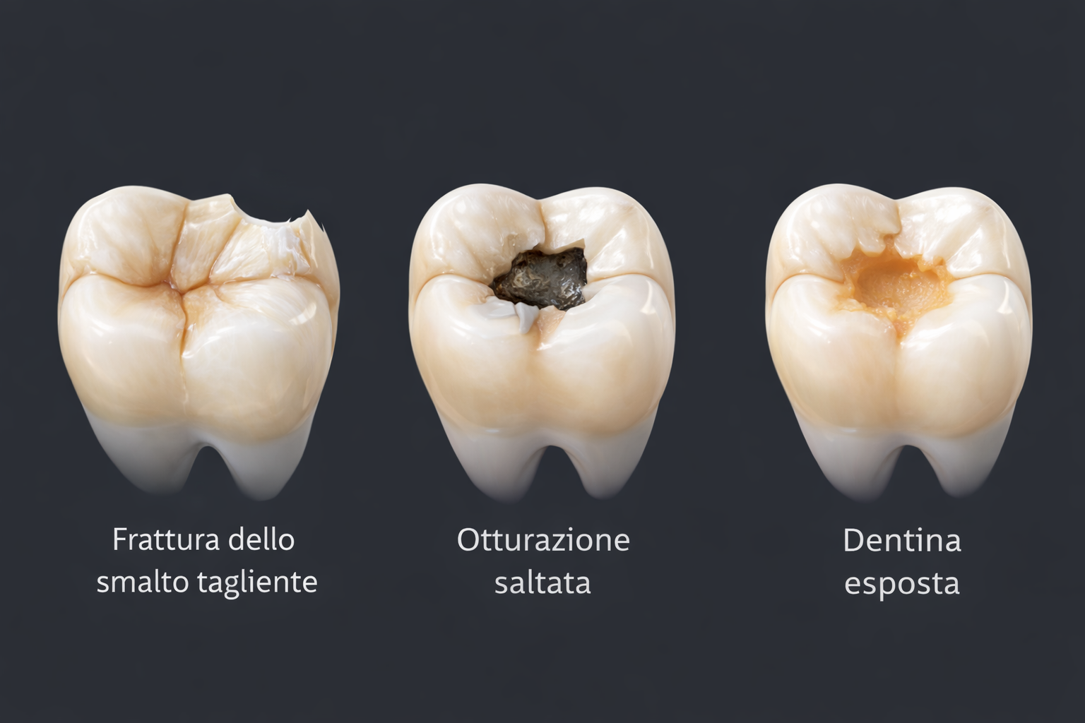 Tre molari visti dall’alto con tre varianti: frattura superficiale, dentina esposta e otturazione saltata (Studio Odontoiatrico Mattei, Fondi).