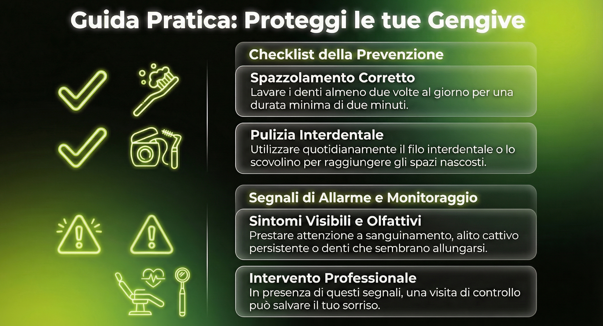 Guida pratica dello Studio Mattei a Fondi per proteggere le gengive: checklist con consigli sullo spazzolamento, pulizia interdentale e segnali di allarme come sanguinamento e alito cattivo.
