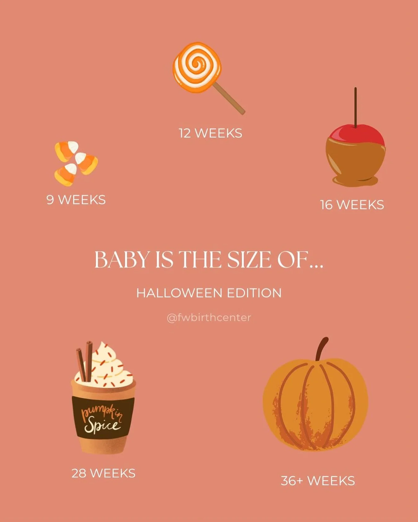 From candy corn to mini pumpkin &mdash; your little treat is growing fast!

Here&rsquo;s a fall-inspired bump guide! 🍂✨

#midwifery #texasmidwives #bumpguide #fwbirthcenter #birthbecomesher #thisisbirth #pregnancy #prenatalcare