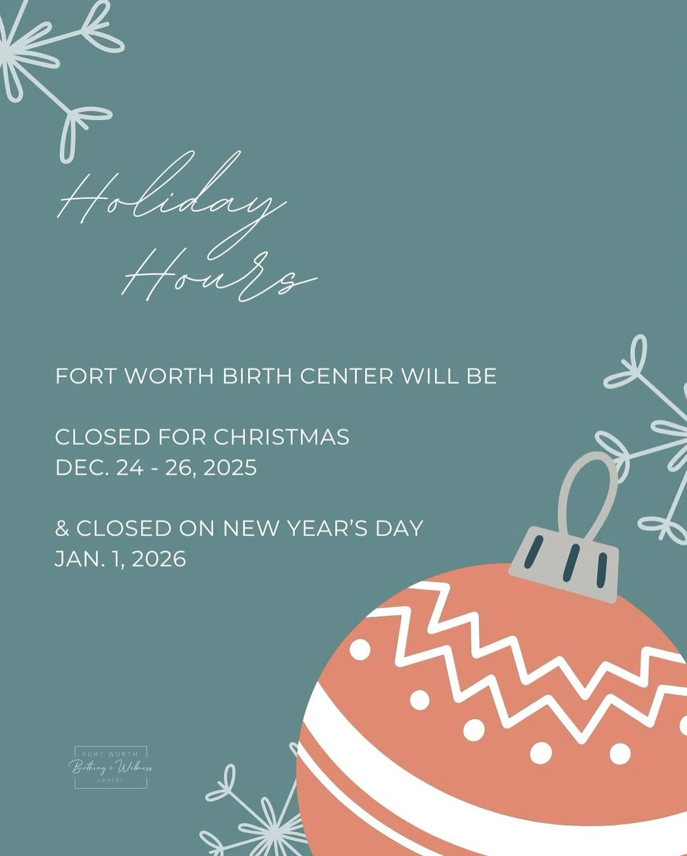 Our offices will be closed for the holidays so our team can rest and enjoy time with their families ✨

But don&rsquo;t worry &mdash; there is always a midwife on call because birth doesn&rsquo;t take a day off. 😉

If you need us, we&rsquo;re still h