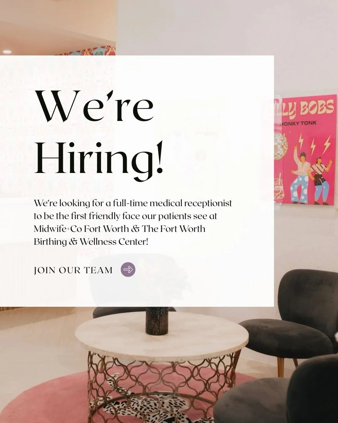 We&rsquo;re growing! ✨

We&rsquo;re looking for a full-time Medical Receptionist to be the first welcoming face our patients see at Midwife+Co Fort Worth &amp; The Fort Worth Birthing &amp; Wellness Center! 

This role is perfect for someone who thri