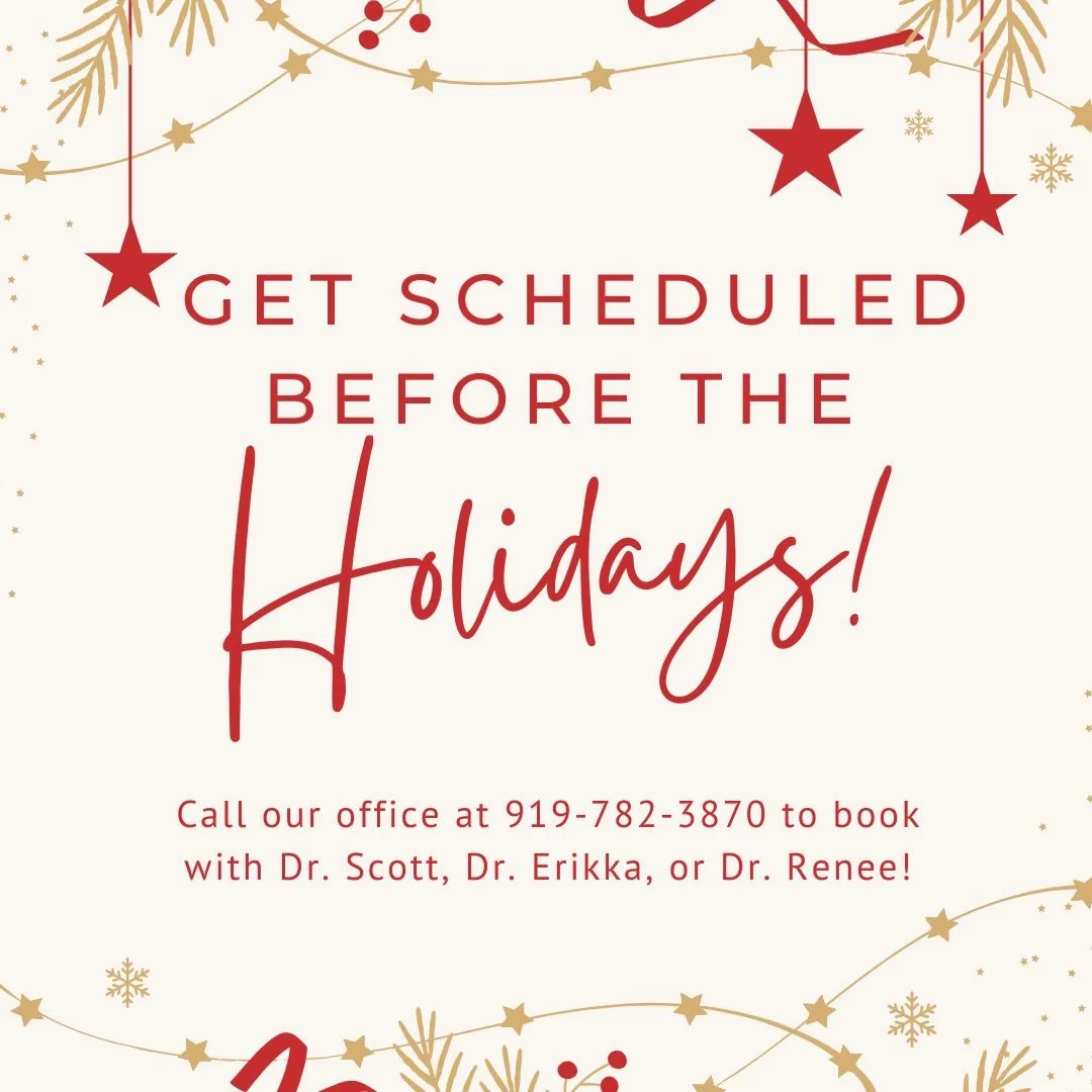 The holiday season is right around the corner, and this time of year can put extra stress on your body. We still have a few chiropractic appointments available with Dr. Scott, Dr. Erikka, and Dr. Renee before the holidays, and we&rsquo;d love to help
