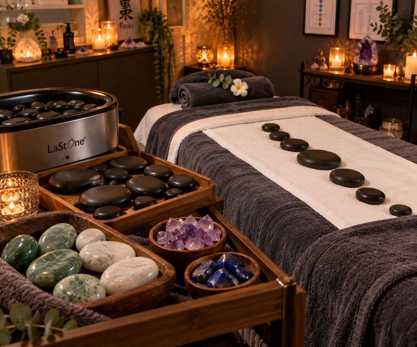 A massage room with a bed covered in dark gray towels, decorated with black stones, candles, and plants. There are bowls of colorful stones on a wooden tray in the foreground, and the room has a warm, calming ambiance.