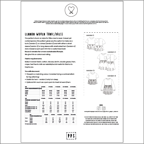 Lennon Woven Tunic/Dress - Paper Pattern — Pattern Paper Scissors