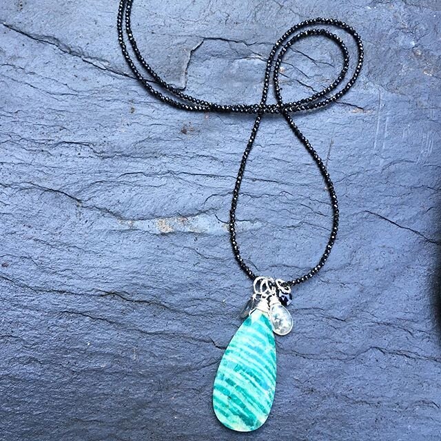 A stunning new arrival from @kristinfordjewelry . This is a one of a kind black spinel and amazonite necklace. This necklace can either be doubled up or worn long. #madeinseattle #handmade #oneofakind #kfoneofakind #healingstones #healingcrystals #am