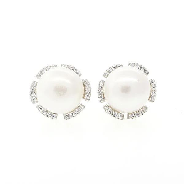Pearl Pave Flower Stud Earrings