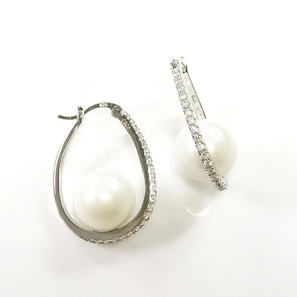 Oval Pave Hoop with Pearl
