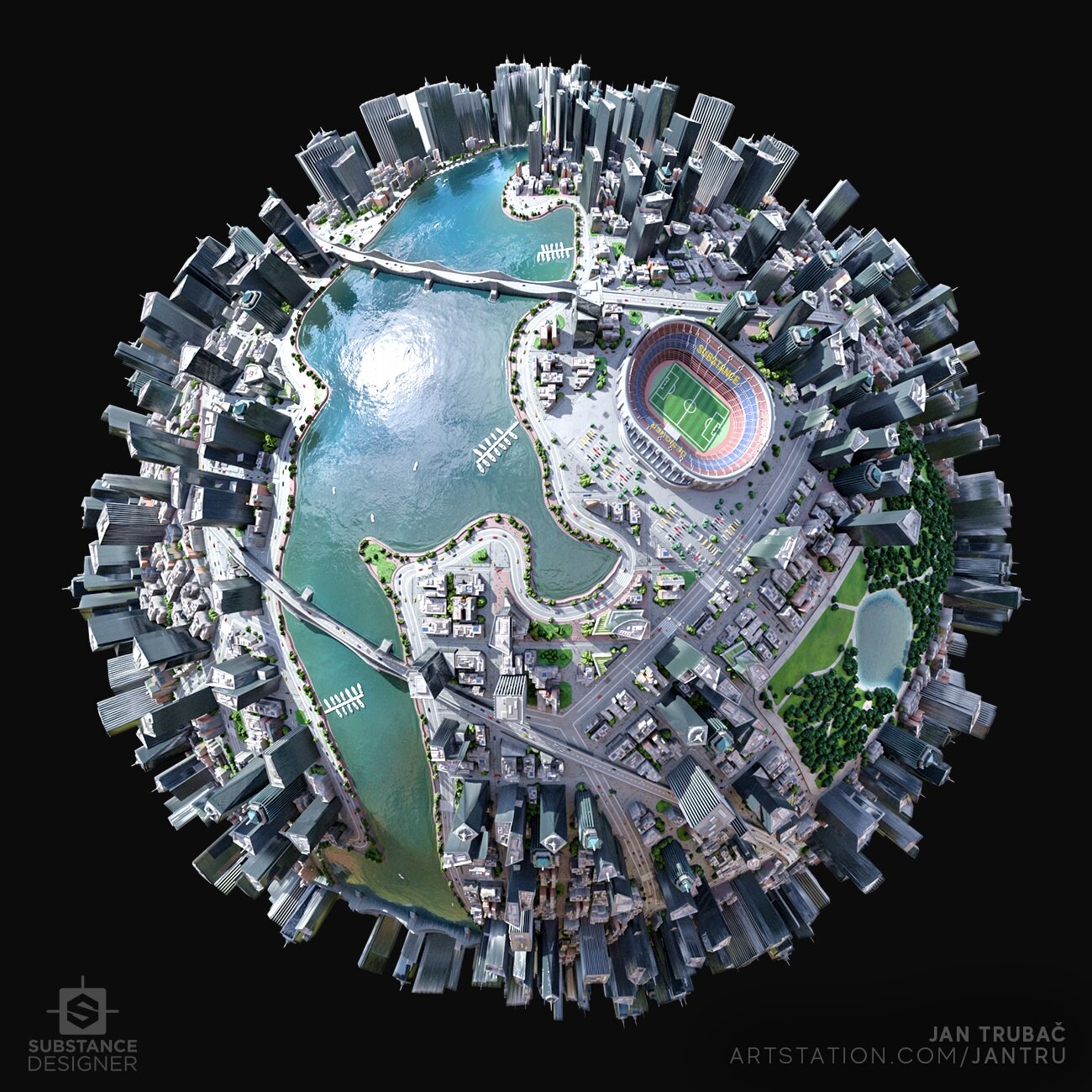 substance designer rendering of a city on a sphere