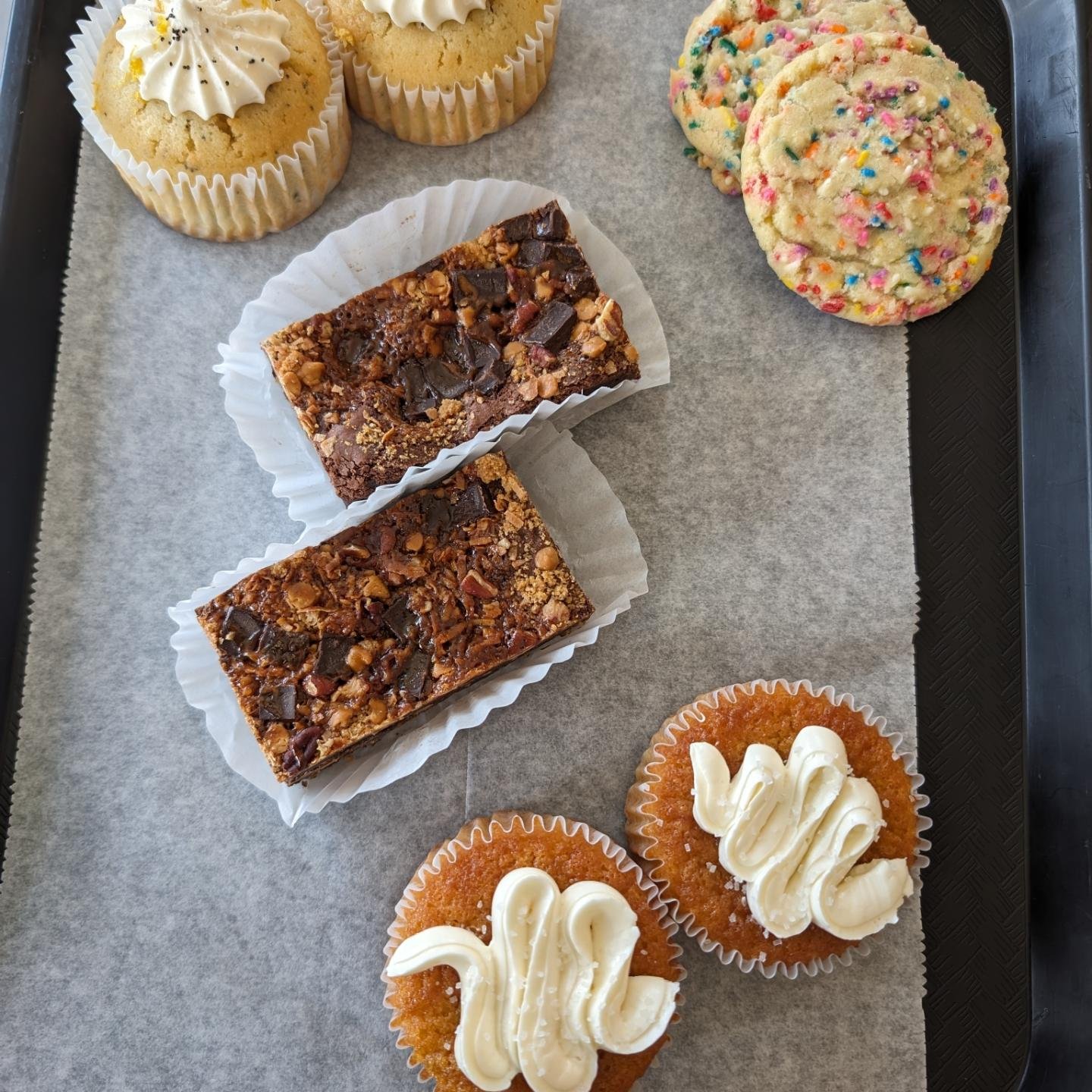 Some new bakery options this week, here's what we've got.
COOKIES - salty chocolate chip, brown butter, butter pecan, peanut butter, sprinkle cookie! *Butter Pecan is running low*

Creamery cookie cake slices always available now! Need a whole one fo