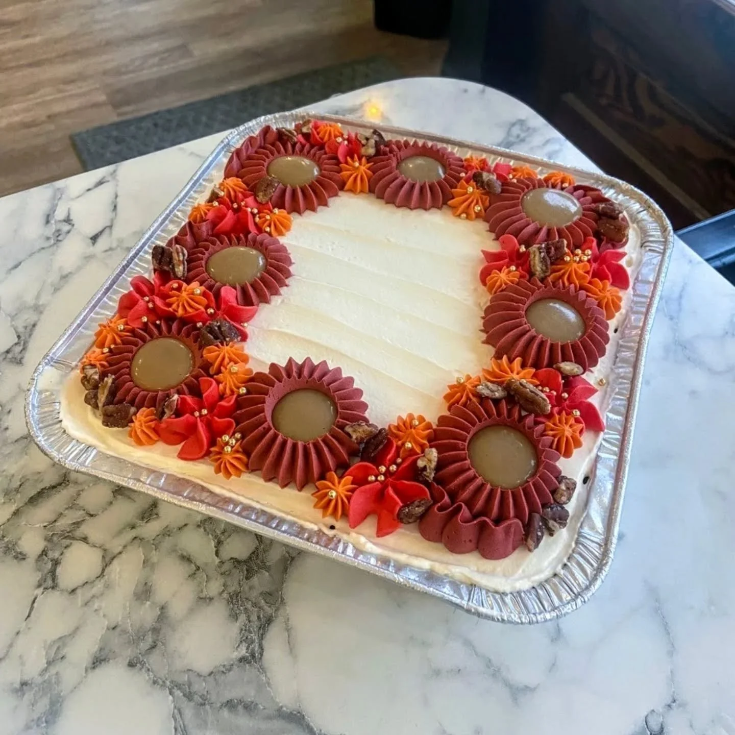 Heading fast towards Thanksgiving, so here's a little sample of what our ice cream cakes &amp; cakes will look like from our Thanksgiving menu!

Pictured --
Bourbon Pecan Ice Cream Cake 
Spiced Pecan Cake

Up next will be the chocolate options, so st