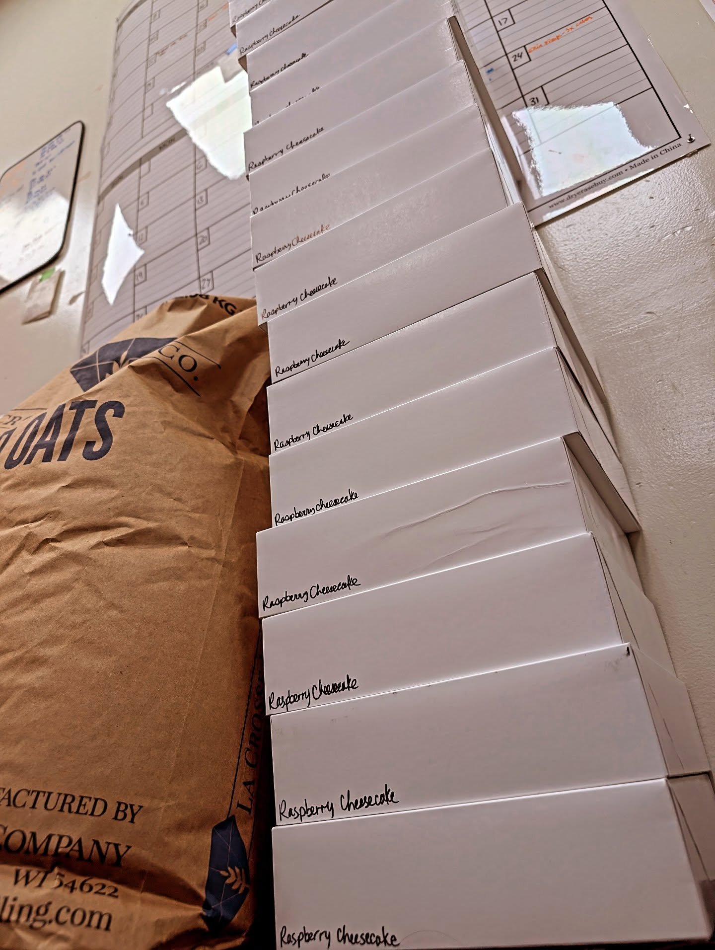 Leaning tower of boxes 👀👀.

EXTRAS:
- 1 cold cocoa ice cream pie
- 2 8x11" blueberry muffin tins
- 1, 1 layer red velvet cake w/ cream cheese frosting
- 1, 1 layer chocolate peppermint cake with peppermint buttercream
- 3 PB Reese's Cookie Dou