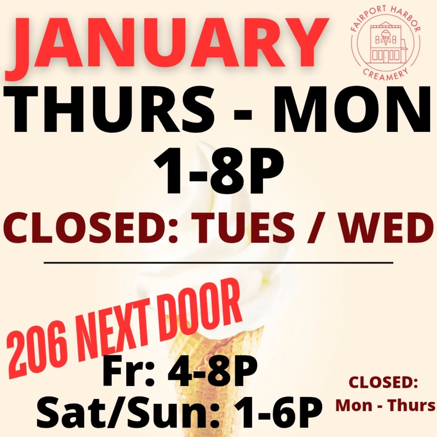 Hours for January, starting 1/16P:
Thurs-Mon, 1-8P
Closed: Tues/Wed 

_________________
206 next door -- opening up starting 1/16 as well:
Fri, 4-8
Sa/Sun, 1-6
Cakes slices, sips, soup through January