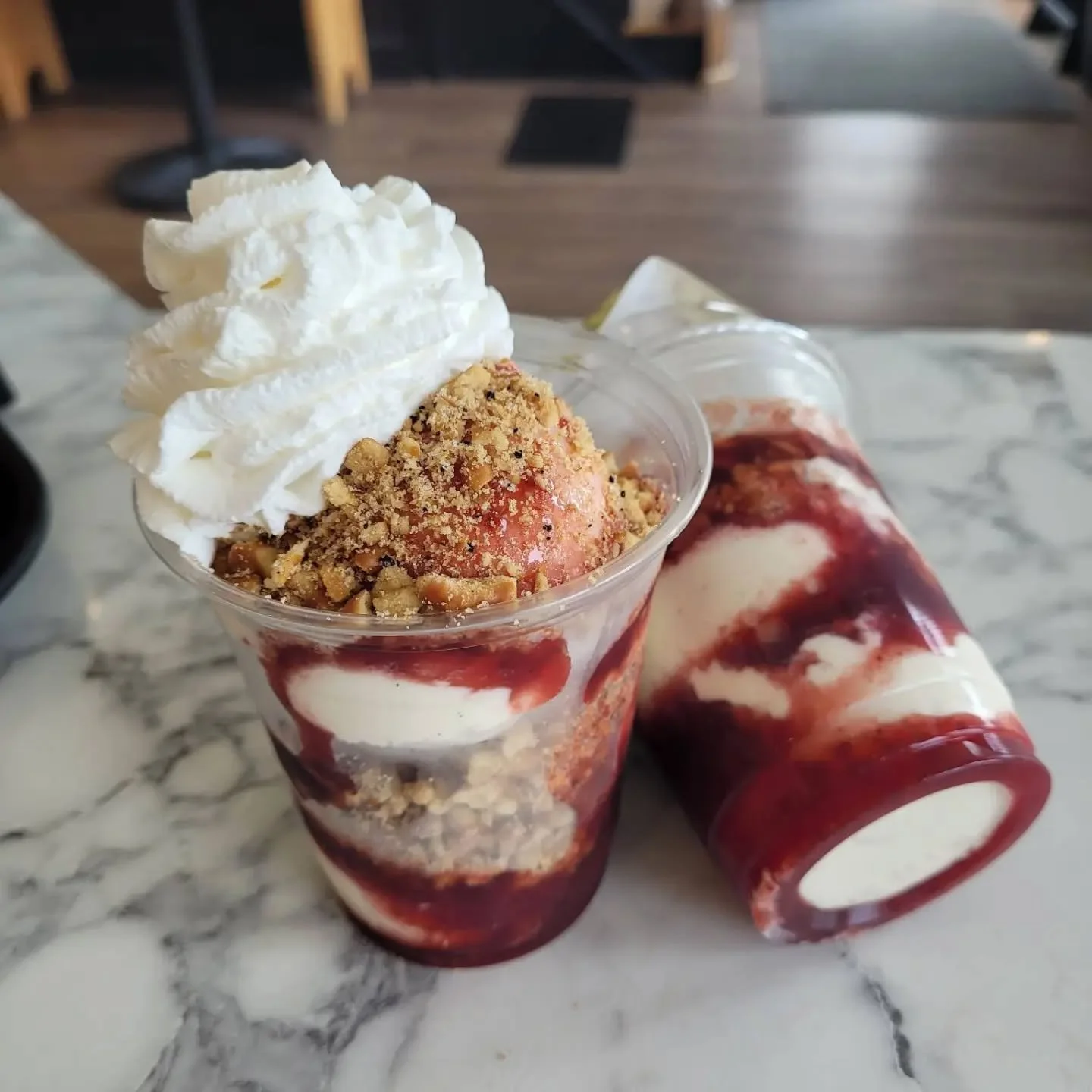 I forgot to formally introduce these freezer goodies...

STRAWBERRY PRETZEL SALAD SUNDAE
&bull; layers of vanilla bean ice cream + house strawberry jam &amp; a brown butter pretzel crumble &bull; 
...salty, sweet, addictive!! I also kind of want this