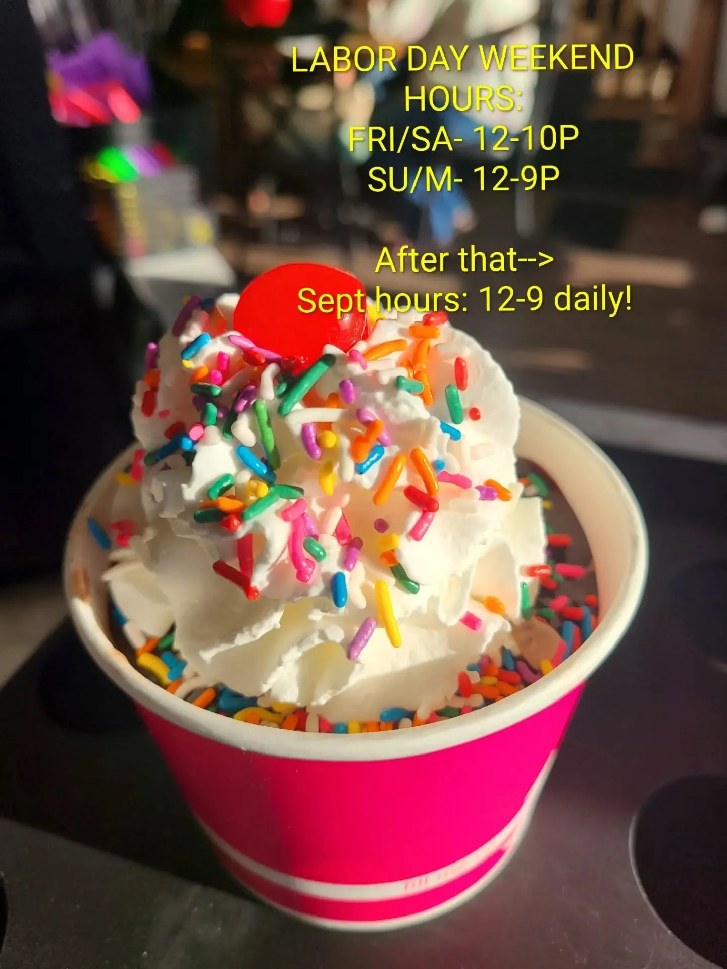 Labor Day weekend commences!
&bull; first run of cinnamon rolls kicks off tomorrow! We'll have traditional &amp; maple blueberry
&bull; plenty of fun ice cream flavors
&bull; some spots of good weather for mini golf!

Hope to see you 🥰.
CURRENT HOUR