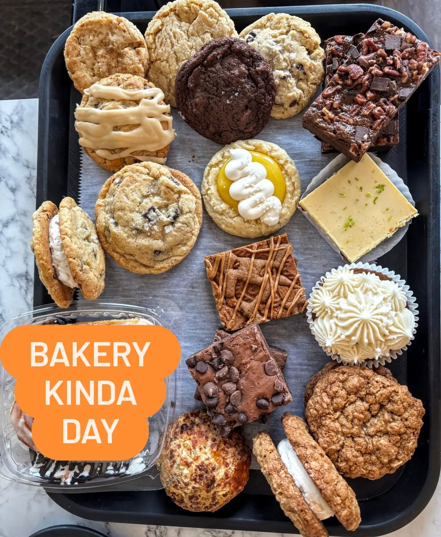COOKIES: 
butter pecan butterscotch, chocolate brownie, salty choc chip, peanut butter, brown butter
CREME PIES: 
choc chip cookie cake, oatmeal
BARS: turtle brownie, triple chocolate brownie, biscoff blondie, key lime pie bar
EXTRAS: herby cheddar s