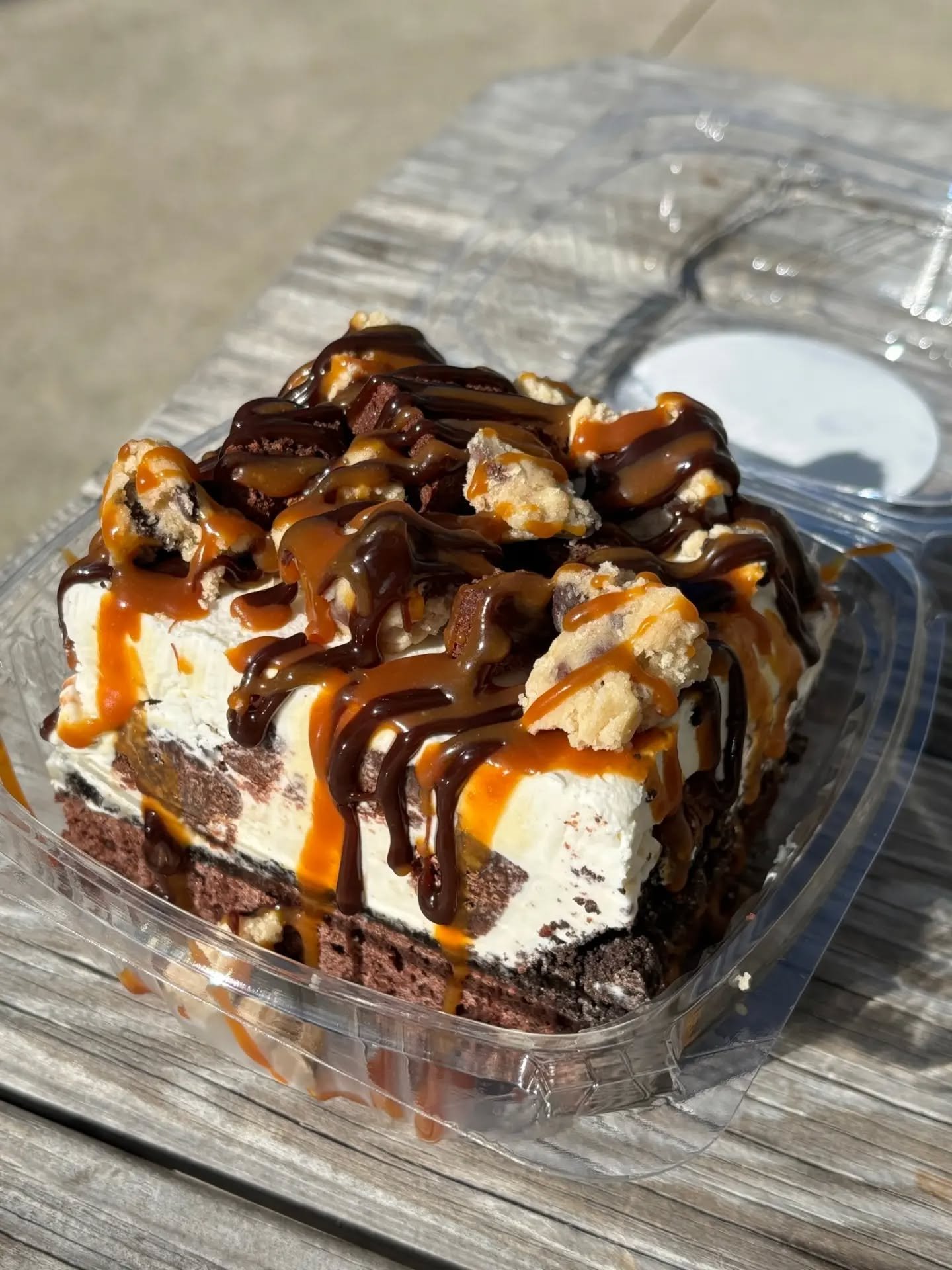 Freezer treats for this rainy, lazy Sunday!

BROOKIE ICE CREAM CAKE SLICE
&bull; chocolate cake / fudge &amp; oreo dirt layer / cookie dough ice cream w/ triple chocolate brownie chunks / fresh house whipped cream, more brownie chunks &amp; edible co