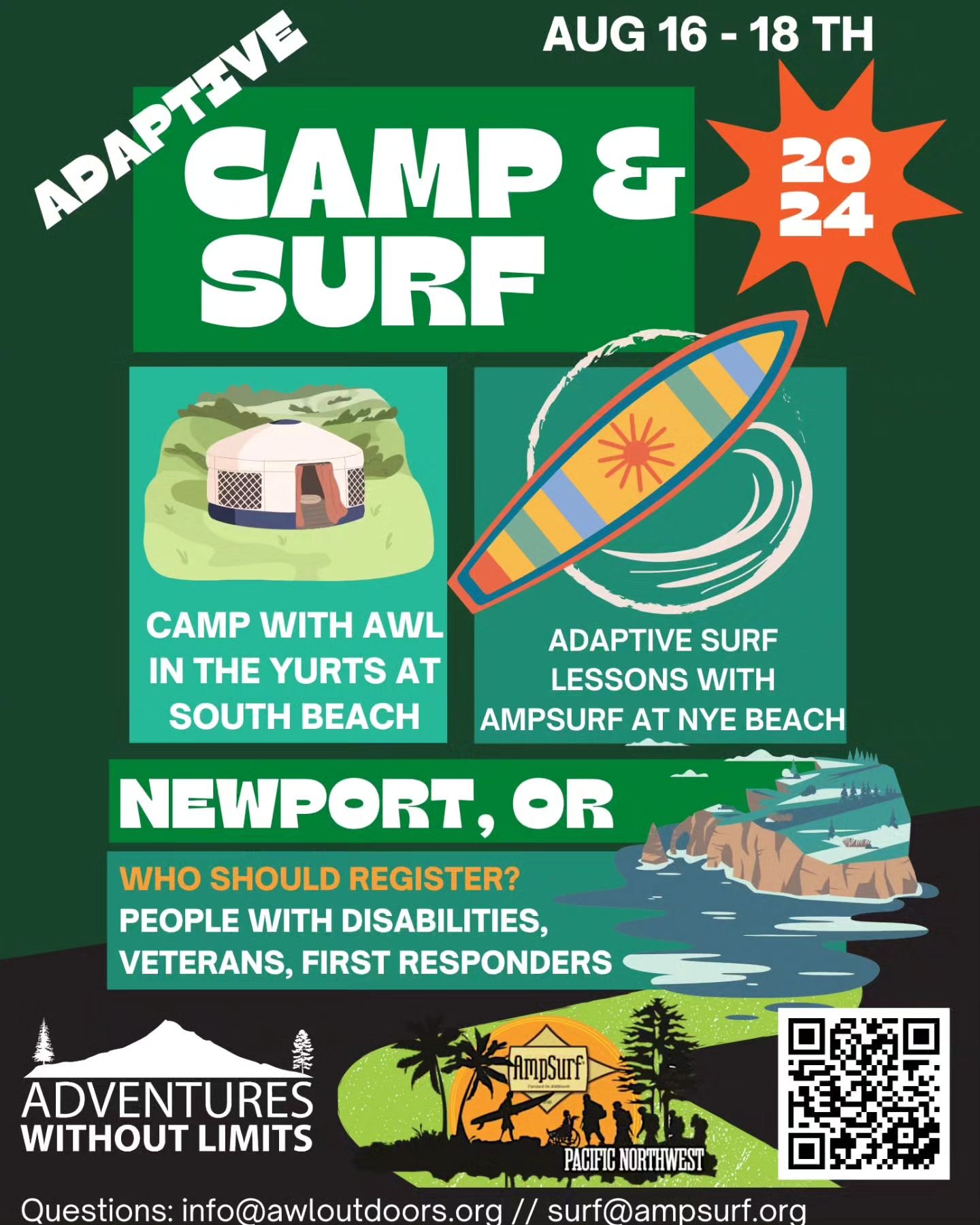 Join AWL and @ampsurf_us for a weekend of camping and adaptive surfing at the Oregon Coast this August! Spaces are limited, but people with disabilities, Veterans, and First Responders are encouraged to sign up today!

Visit https://awloutdoors.org/a