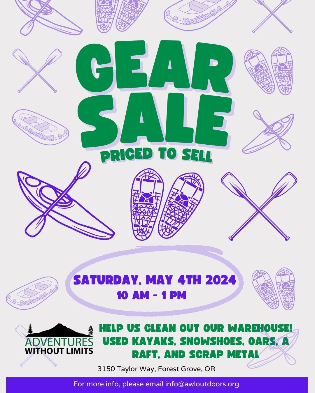 It's time for some spring cleaning! If you are interested in giving our used gear a second life, stop by our gear sale on Saturday, May 4th from 10 am - 1 pm.
