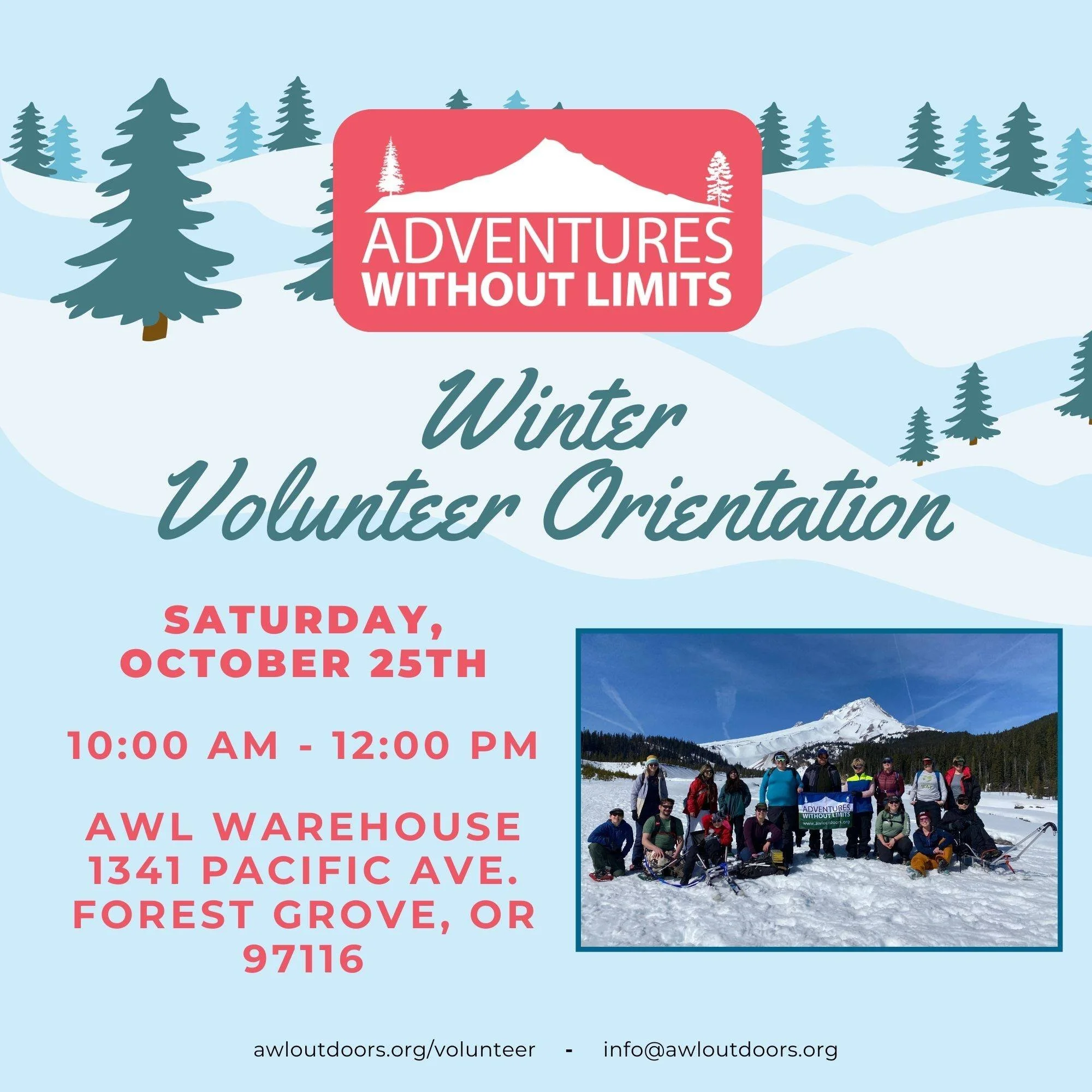 Do you love getting outdoors and giving back to your community? Join the AWL team as a volunteer! 

Volunteers are vital parts of our team and help on trips with anything from gear management and participant support to photography and camp cooking.

