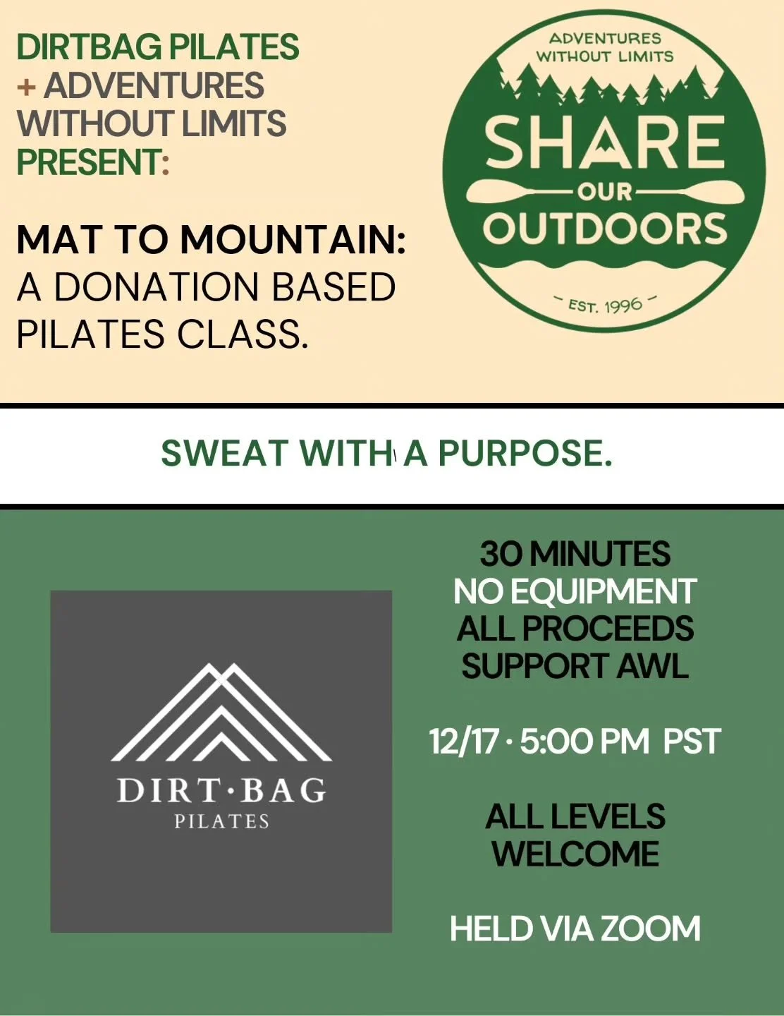 Sweat with a purpose! Support @adventureswithoutlimits and join a donation based pilates class from your living room via zoom with @dirtbagpilates next Tuesday, 12/17 at 5:00 pm PST. All levels welcome, no equipment necessary, steps below to register
