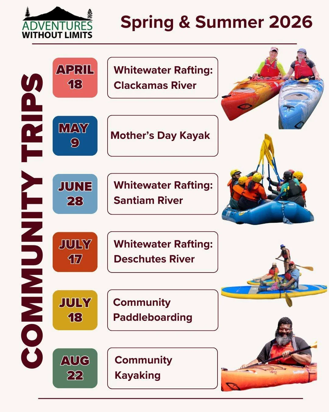 Get on the water with us this spring or summer!

Our Community Trips are open to the public and are designed to be inclusive and accessible. We specialize in creating a welcoming space for people of all ability levels to enjoy the benefits of time sp