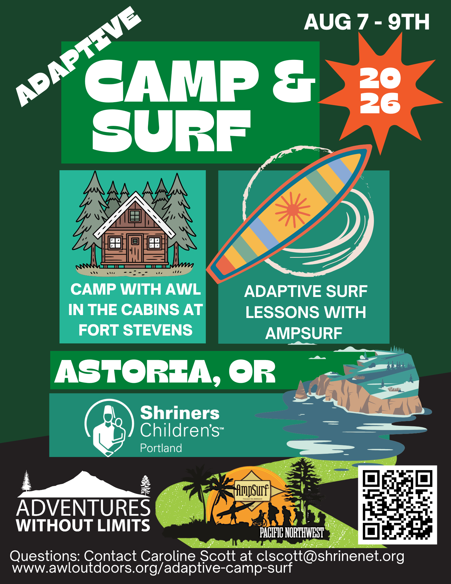 A flyer detailing an adaptive camping and surfing event cohosted by Adventures Without Limits, AmpSurf, and Shriners Children's Portland. August 7th-9th in Astoria, OR