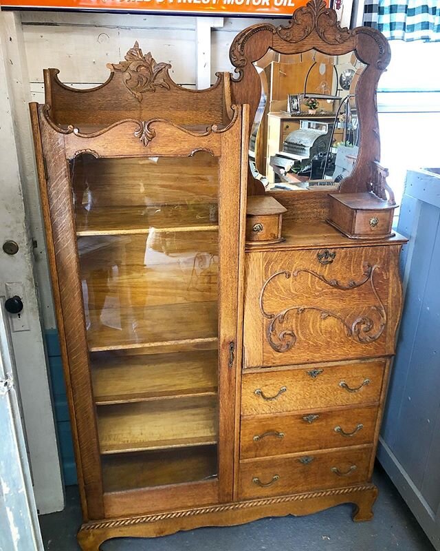 Many new pieces in the shop!!! This early 1900s side by side desk/curio is magnificent with beautiful details. Original mirror and original glass on curio. Open from 10-4!