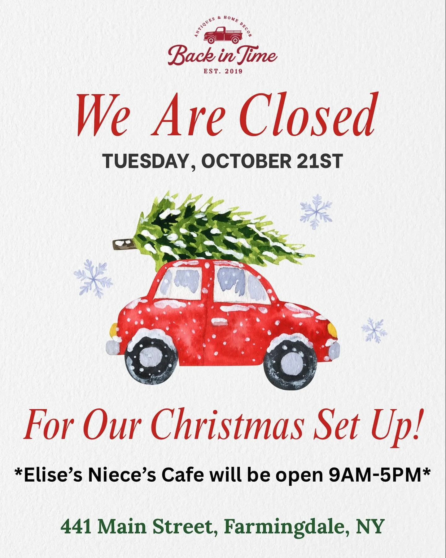 Just a reminder that Back in Time will be CLOSED this Tuesday, October 21st! It&rsquo;s almost Christmas TIME! Santa&rsquo;s elves will be hard at work transforming the store into a Winter Wonderland and will be open Wednesday for our Christmas Revea