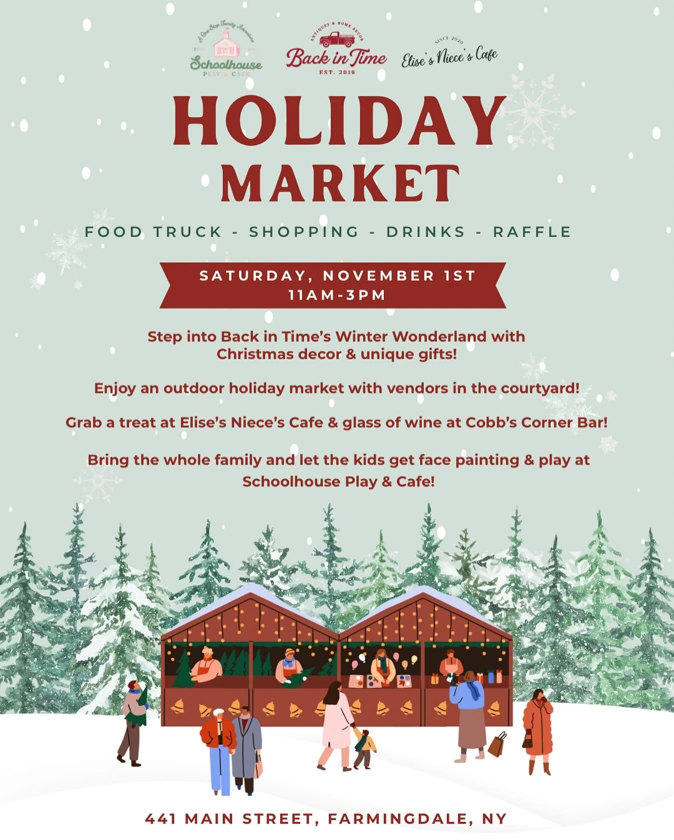🎄✨ Step into the magic of the season at our Holiday Market! ✨🎁 Join us on Saturday, November 1st from 11AM-3PM for a day full of shopping, food, drinks, & festive fun!
❄️ Shop at Back in Time’s Winter Wonderland
☕ Grab a treat at Elise&r