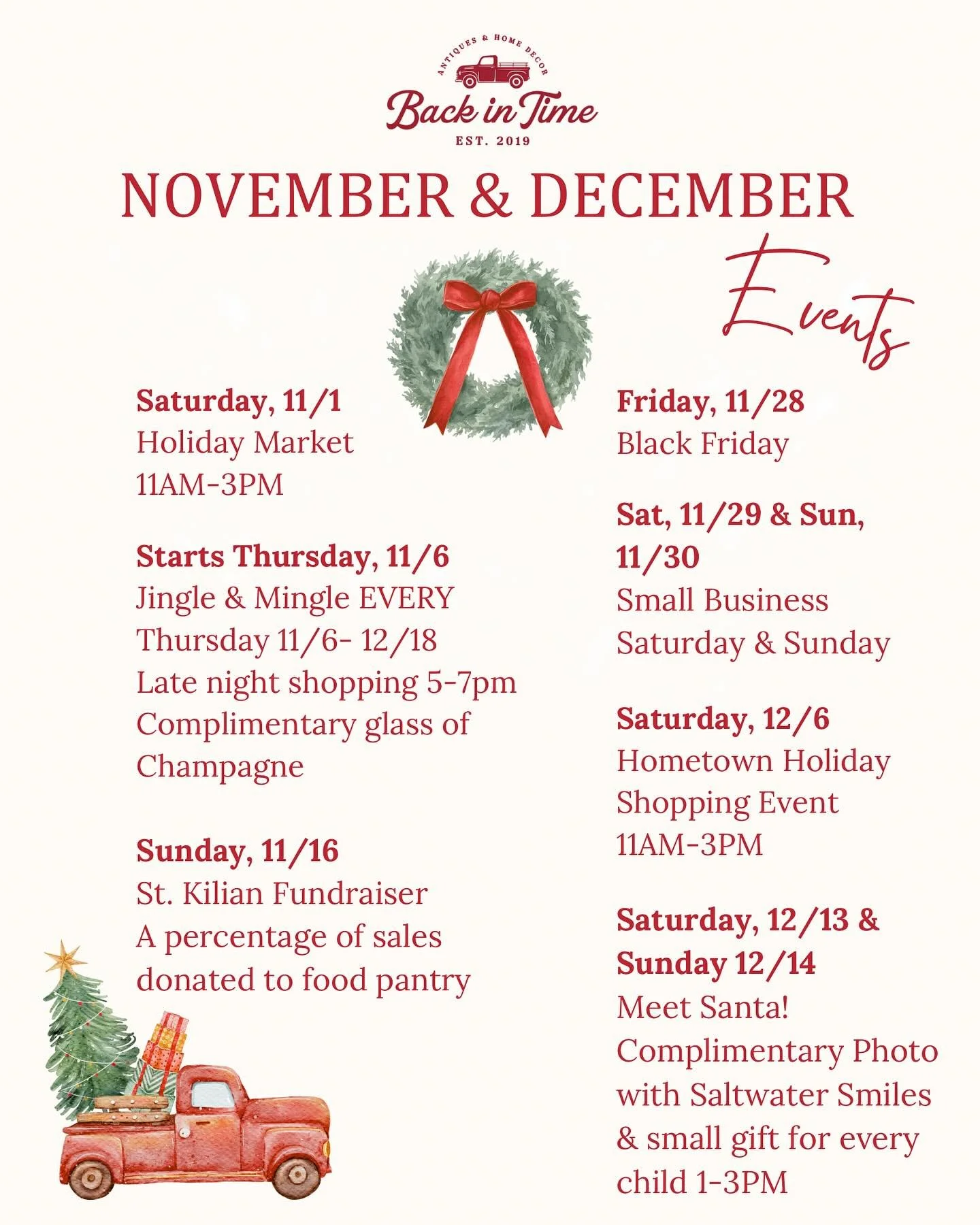 ✨The most wonderful time of the year is here at Back in Time!🎄From late night shopping to holiday events to photos with Santa on 12/13 & 12/14🎅🏻—our November & December calendar is packed with festive fun and cheer! ❤️
Mark your cale