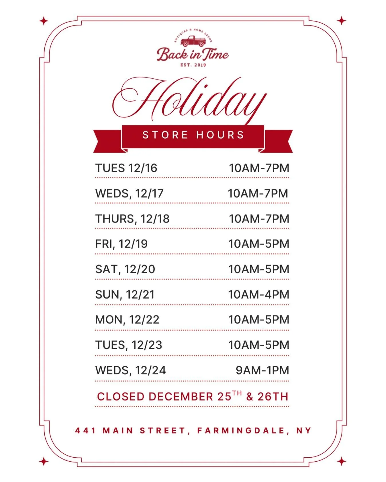 🎶&rdquo;It&rsquo;s the most wonderful week of the year!&rdquo;🎶
Our Holiday Hours are here! The countdown to Christmas is ON! 

Enjoy our extended late hours this Tues, Weds, Thurs and we will also be open straight through to Christmas Eve! 

We wi