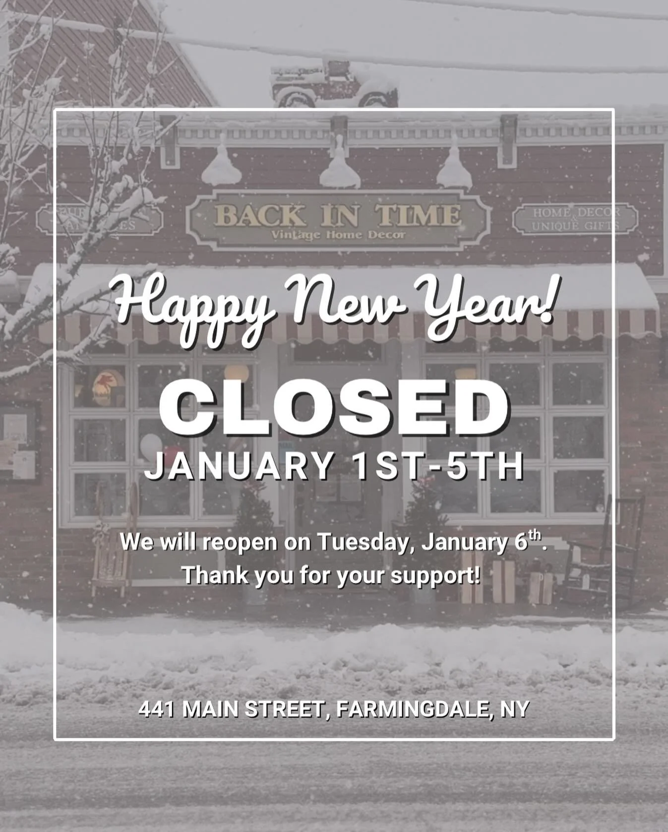 Happy New Year from our Back in Time family! Wishing you all an amazing happy &amp; healthy 2026!🎉

Just a reminder we are CLOSED January 1st-5th for a short break while we refresh the store! Come visit us when we reopen on January 6th! 
.
.
.
.
.
#