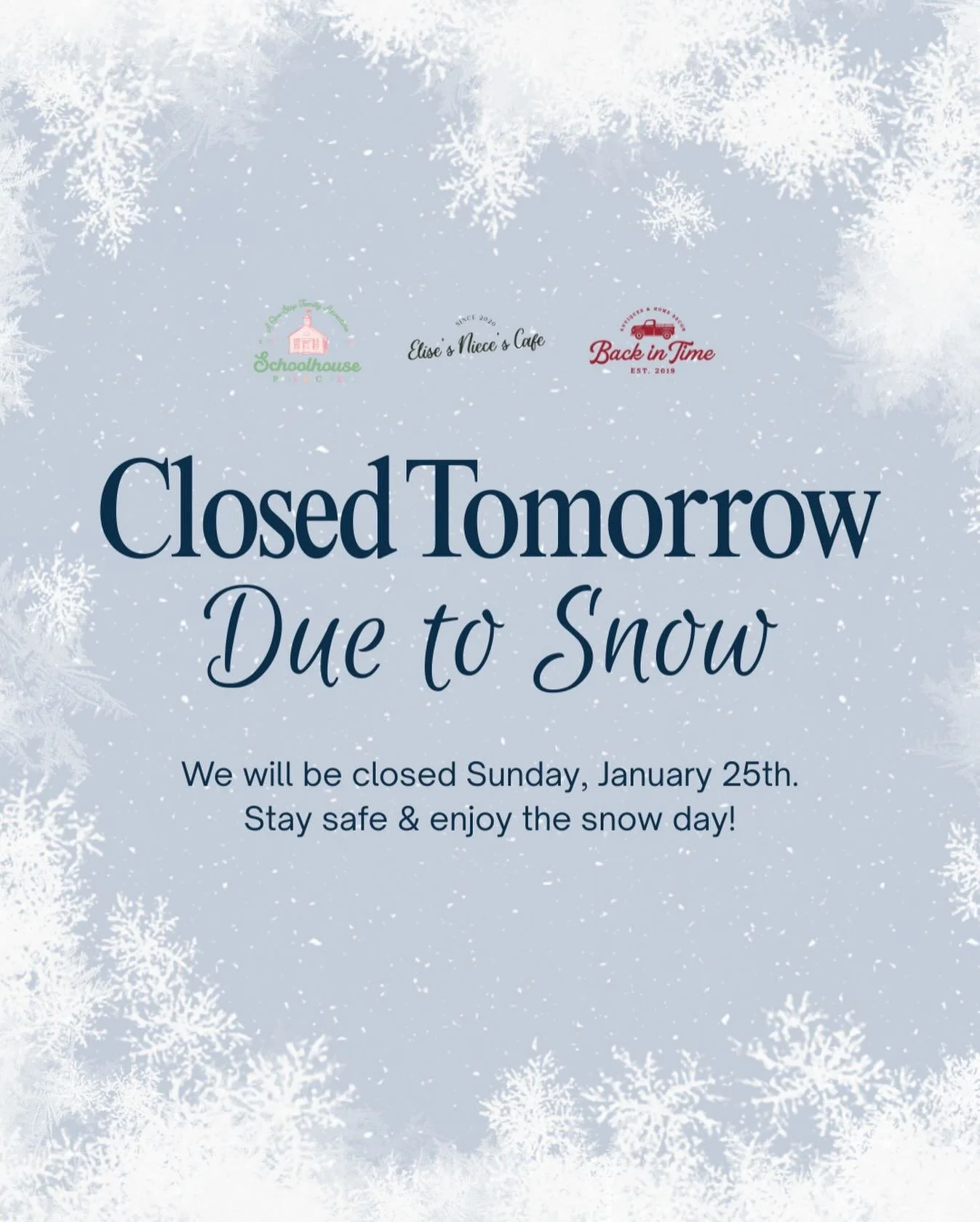 Due to the anticipated snowstorm coming, we will be CLOSED tomorrow, Sunday, January 25th. Stay safe &amp; enjoy the snow day!❄️

Just a reminder, we are OPEN TODAY! Come on in and shop with us, grab a sweet treat from the cafe, and let the little on