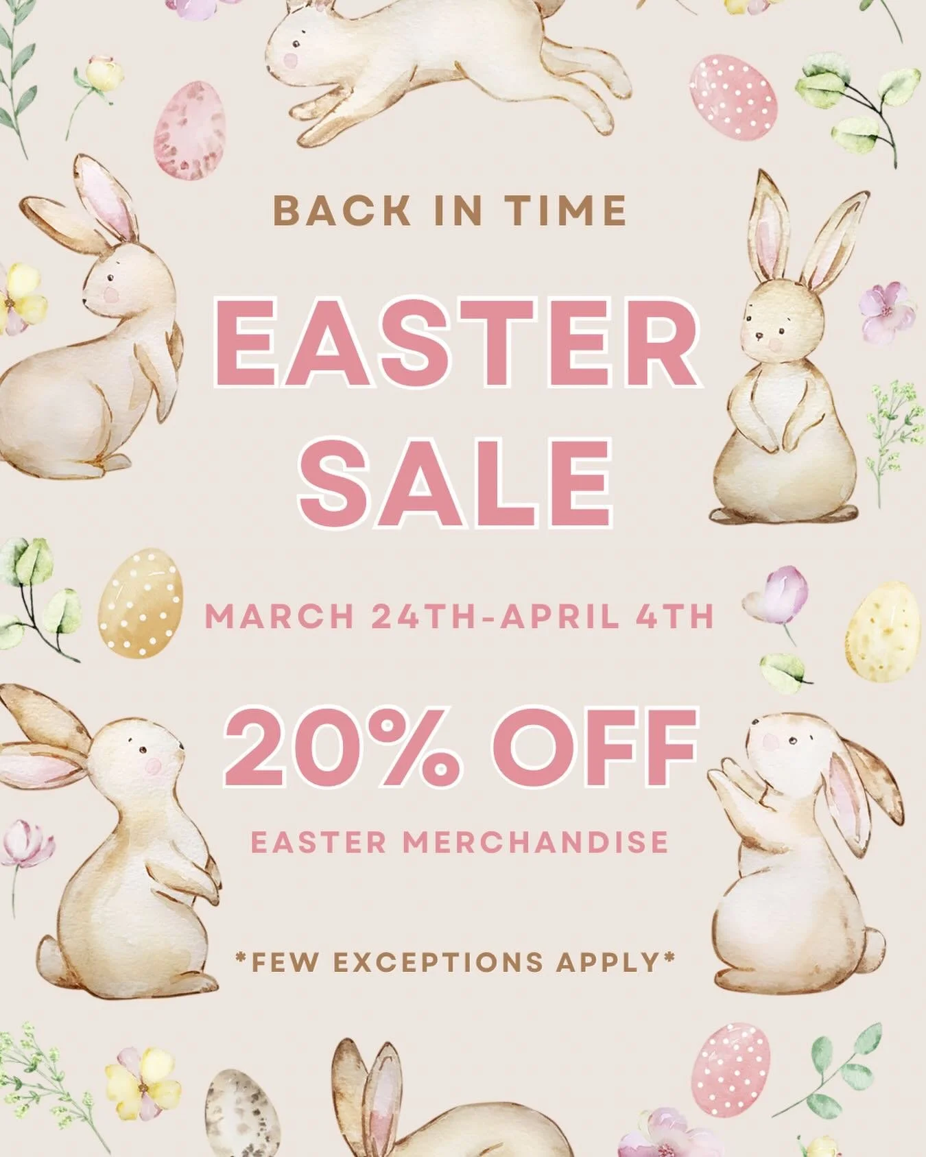 Our Easter Sale begins tomorrow!🐰✨
Enjoy 20% OFF all Easter merchandise 🌸

Perfect for filling Easter baskets or decorating your home for the season 💐
Shop through Saturday, April 4th &mdash; don&rsquo;t miss out!

*Few exceptions apply*
.
.
.
.
.
