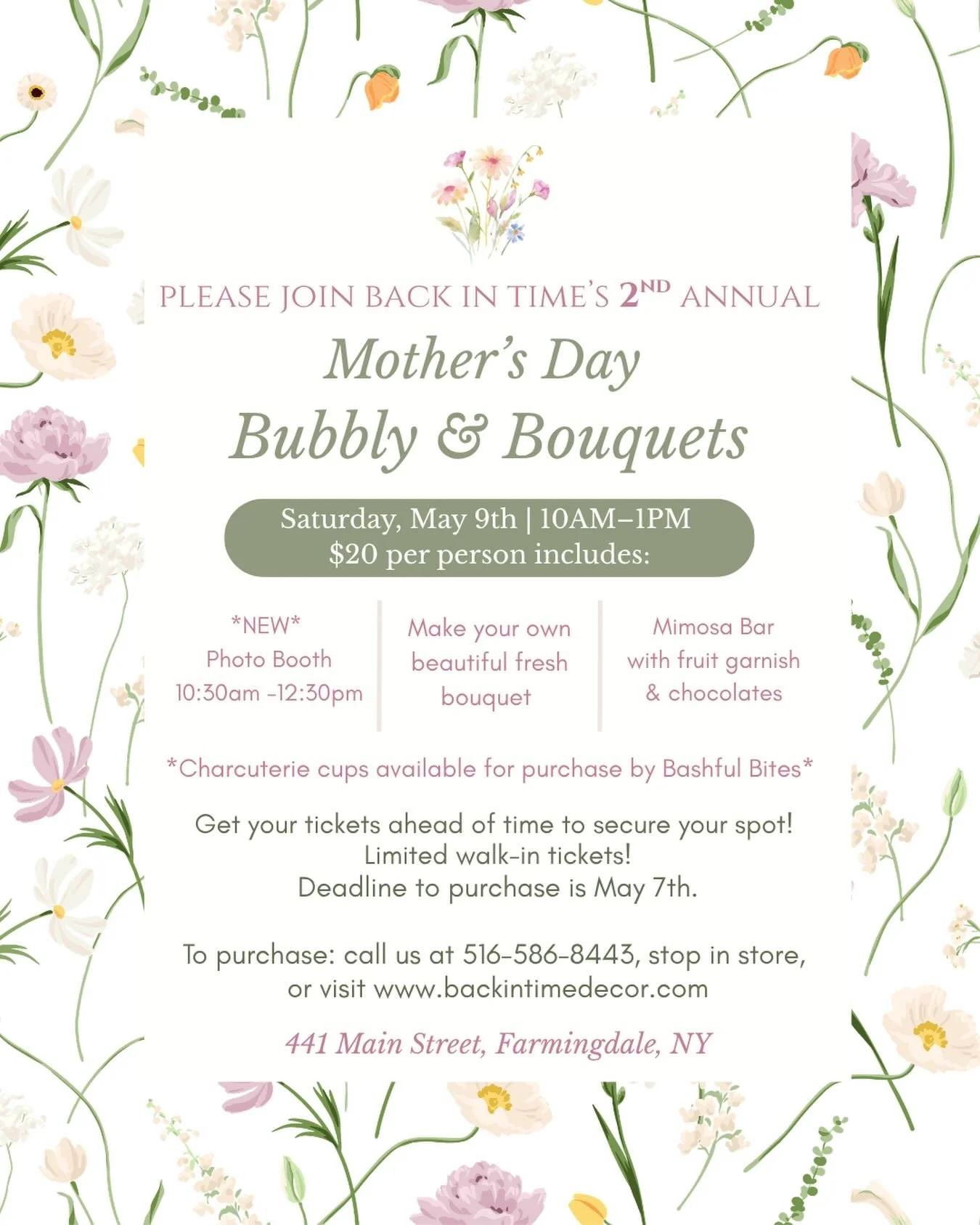 🌸🥂Please Join us for Back in Time&rsquo;s 2nd Annual Mother&rsquo;s Day Bubbly &amp; Bouquets on Saturday, May 9th&mdash; a fun, feel-good event you won&rsquo;t want to miss 💐✨

If you were with us last year&hellip; you already KNOW how this goes 