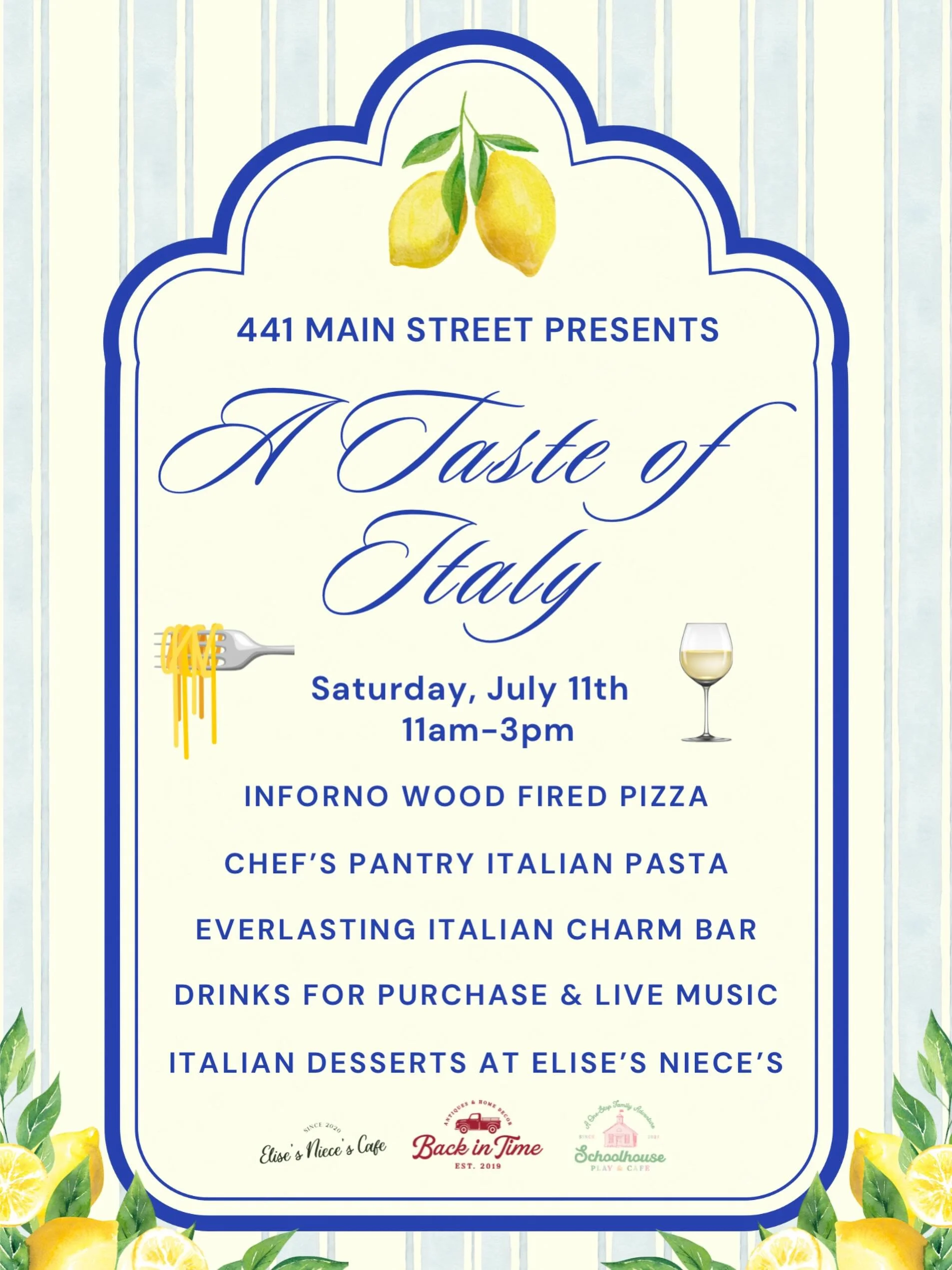 Join us for a Taste of Italy at 441 Main Street on Saturday, July 11th from 11&ndash;3! Spend the afternoon strolling, sipping, shopping, and soaking up all the Italian charm.🍋✨

🍕 Wood-fired pizza from Inforno
🍝 Fresh Italian pasta from Chef&rsqu