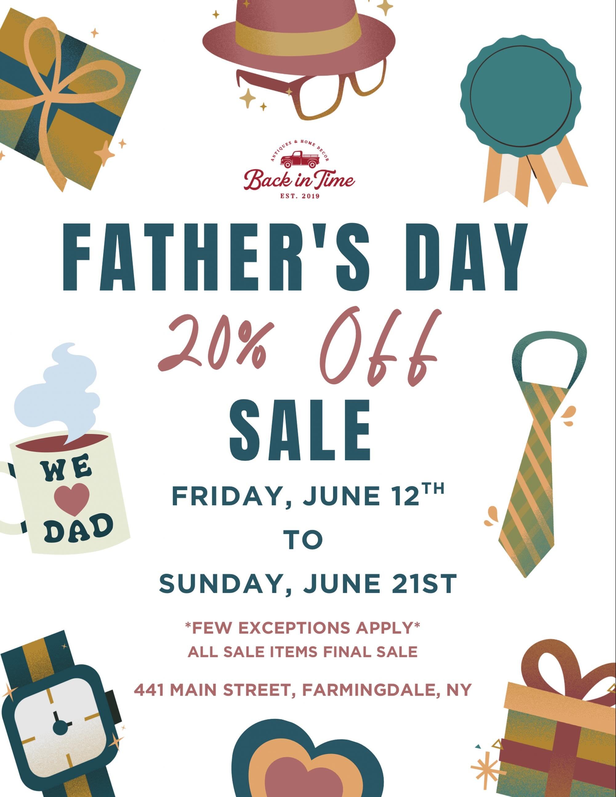 Father&rsquo;s Day Sale Starts Today! 💙 
Celebrate Dad with a gift as unique as he is.
✨ 20% OFF all Father&rsquo;s Day merchandise through June 21st
✨ Few exceptions apply
✨ All sale items are final sale

Stop in and find something special for Dad!