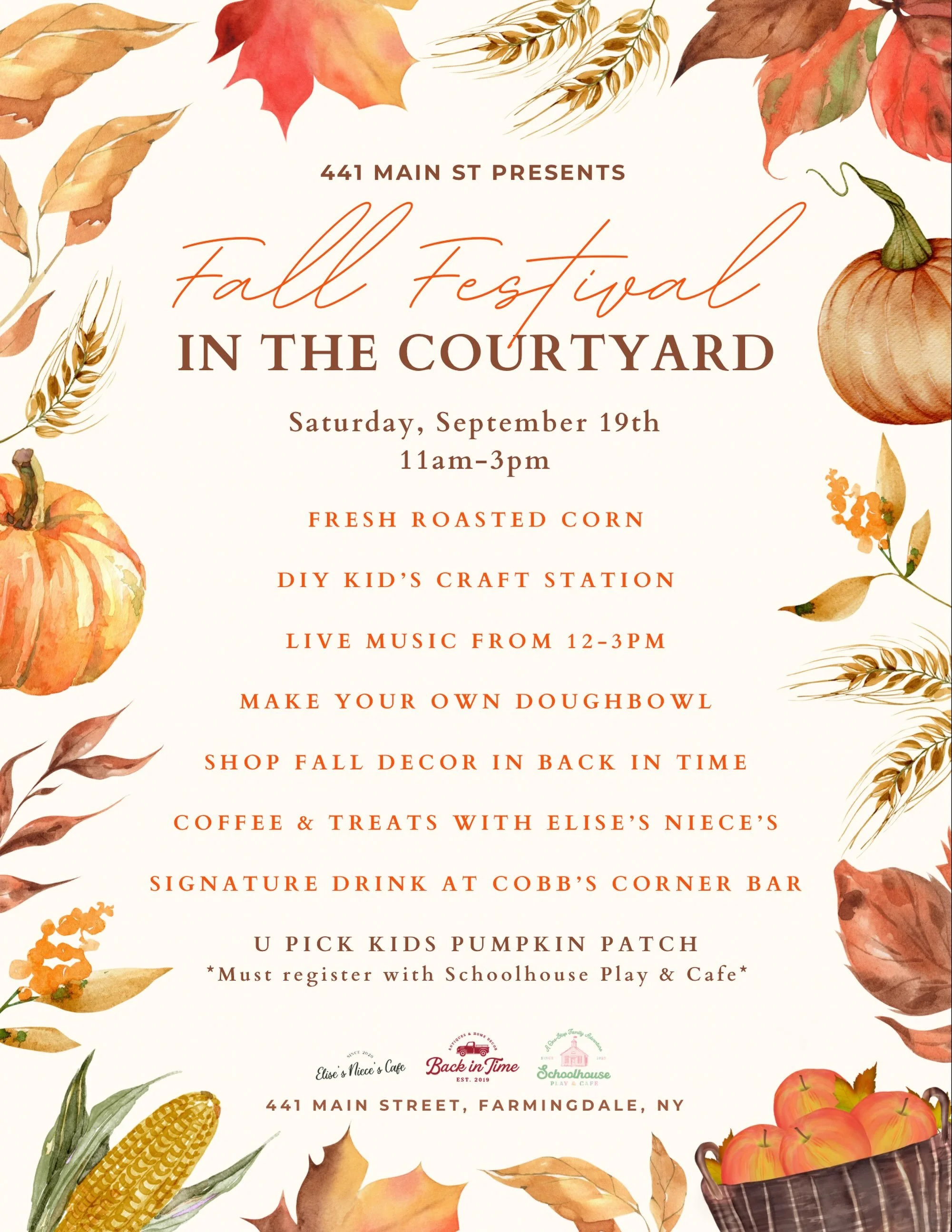 Fall is calling&hellip; and we&rsquo;re celebrating! 🍁 Join us Saturday, September 19th from 11AM&ndash;3PM at 441 Main Street for a day filled with ALL the fall fun! 🤎

🌽 Fresh roasted corn
🎶 Live music from 12&ndash;3PM
🍂 Make your own dough b