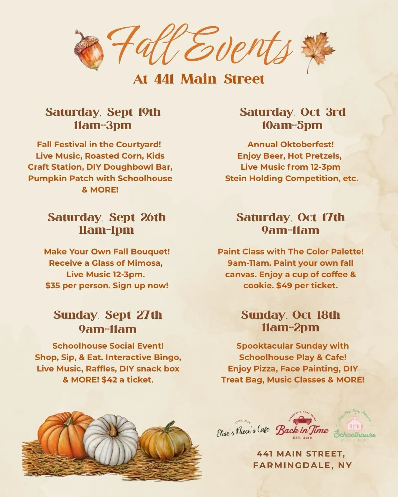 Get ready for a fun-filled fall season at 441 Main Street!🎃☕️🍁Back in Time, Elise&rsquo;s Niece&rsquo;s Cafe &amp; Schoolhouse Play &amp; Cafe have an exciting lineup of events planned for the whole family. 🧡

From our Fall Festival &amp; pumpkin 